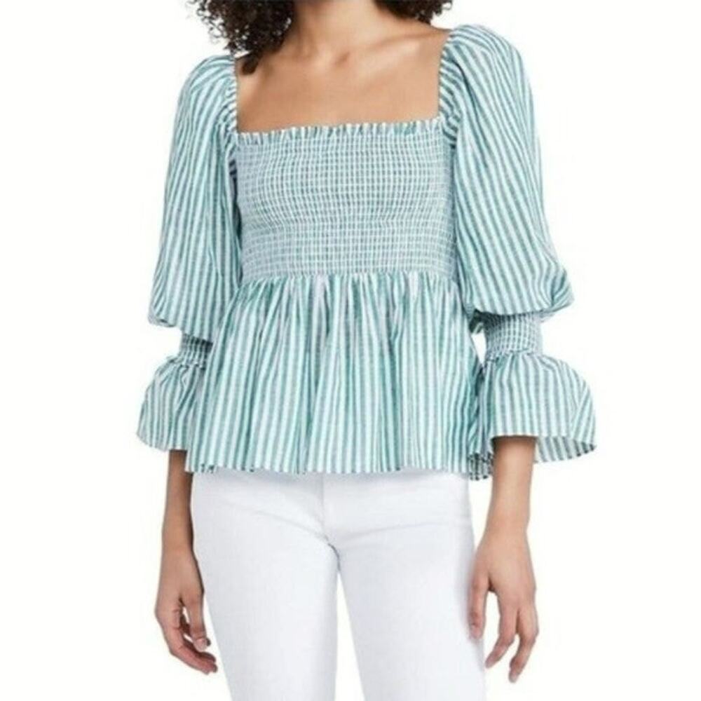 Cinq à Sept Adly Green White Stripe Smocked Puff Sleeve Peplum Top M - Picture 14 of 15